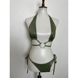 Fashion Nova Swim String Bikini Swimsuit Strappy Green Metallic